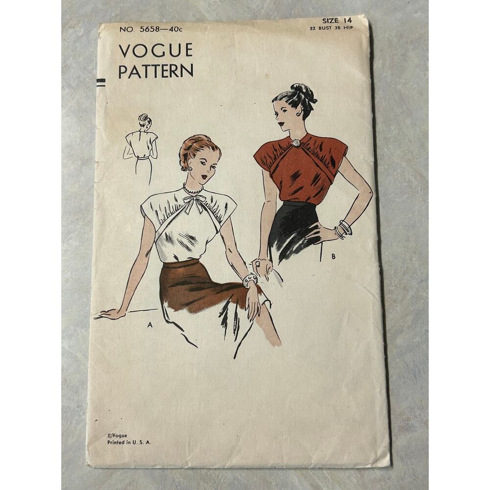 Vintage 1940's Vogue Pattern #5658 Women's‎ Blouse Size 14